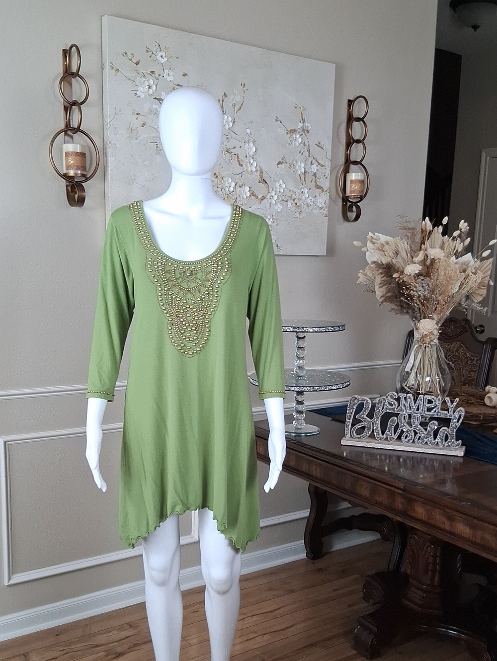 Women's Embellished Beaded Scoop Neck Tunic Summer Dress Olive Green Gold Medium - Picture 7 of 16